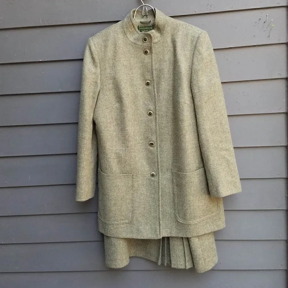 Equorian Heritage Wool Green Herringbone Skirt Suit Set size 12